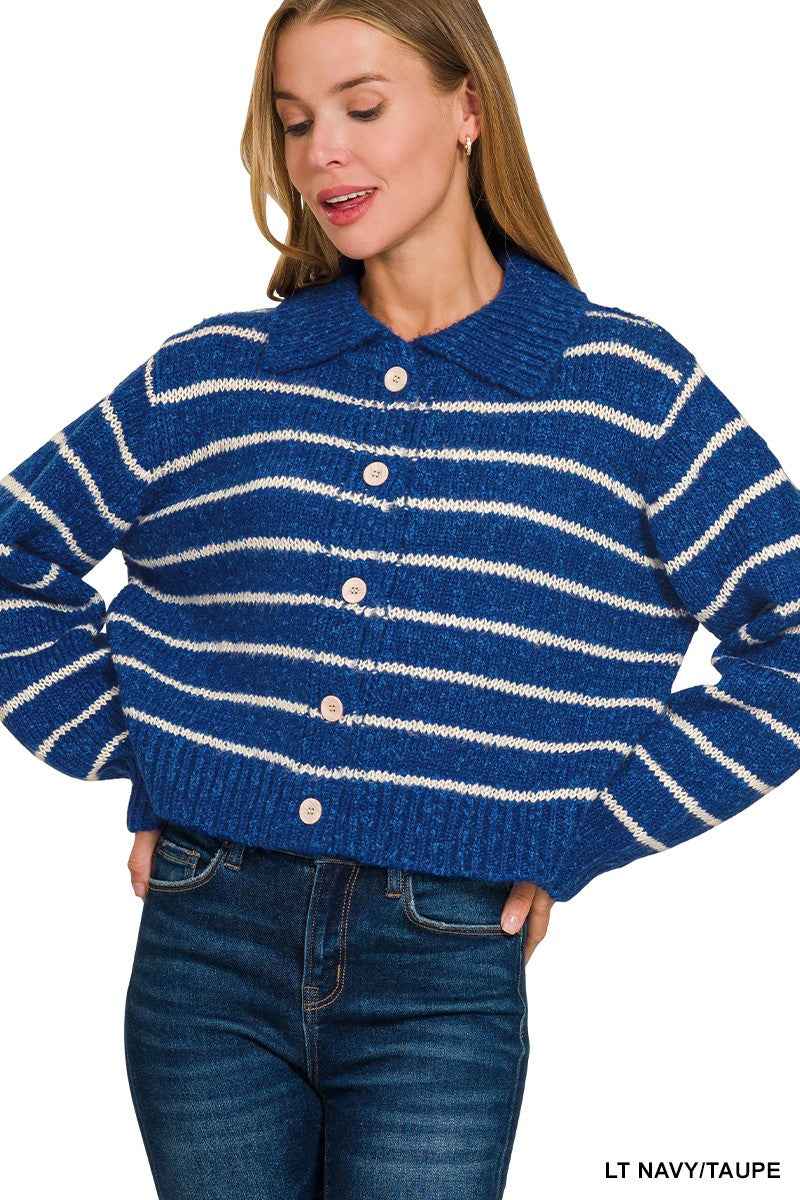 Zenana Striped Collared Button Down Sweater Cardigan LT NAVY TAUPE Trendsi