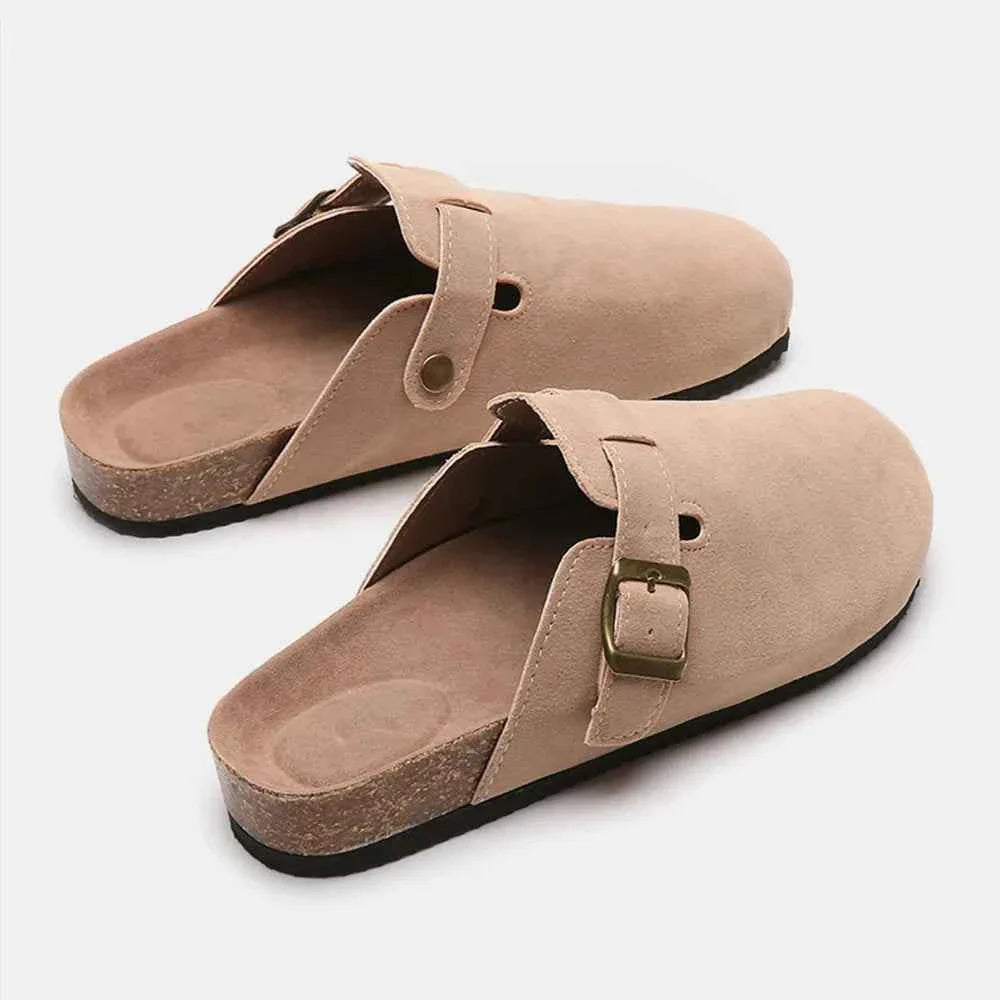 Flat Comfy Suede Buckle Clogs