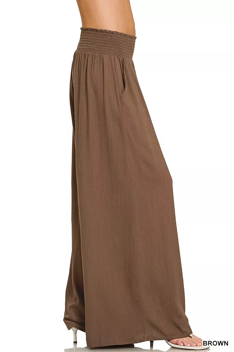 Brown Smocked Wide Leg Flowy Pants Trendsi