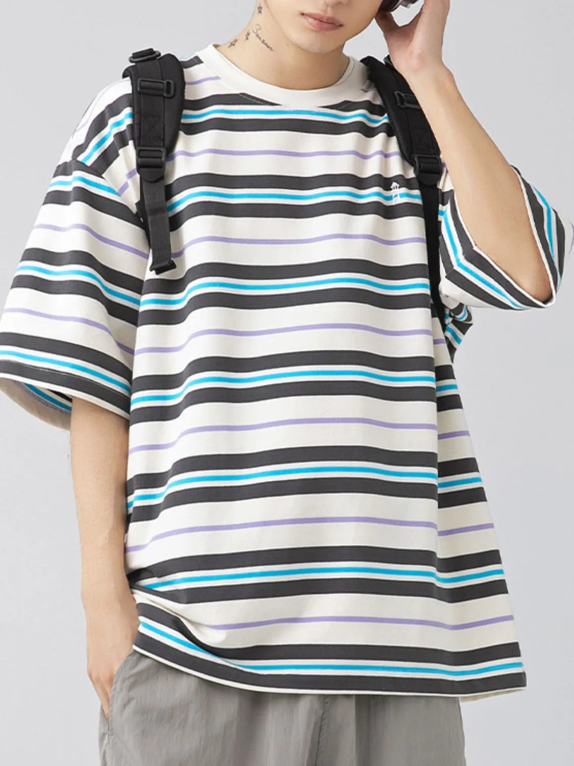 Mens Oversized Fit Half Sleeve Stripe T-Shirt Light Blue Stripe T-shirts Trendsi