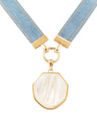 Blue Denim Dreams White Mother of Pearl Ribbon Golden Pendant Necklace