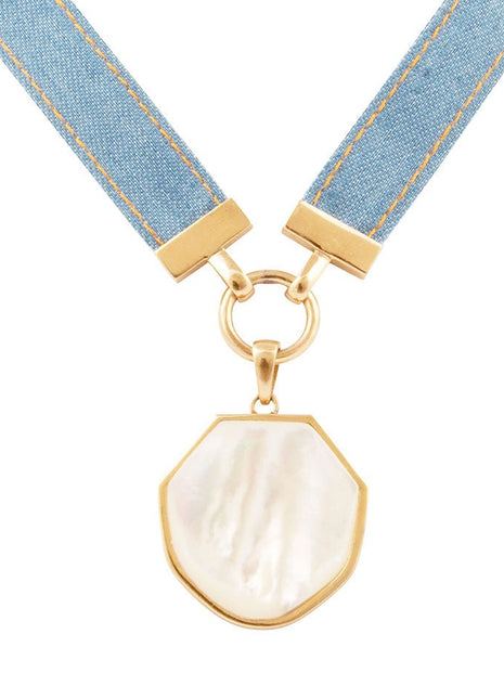 Blue Denim Dreams White Mother of Pearl Ribbon Golden Pendant Necklace