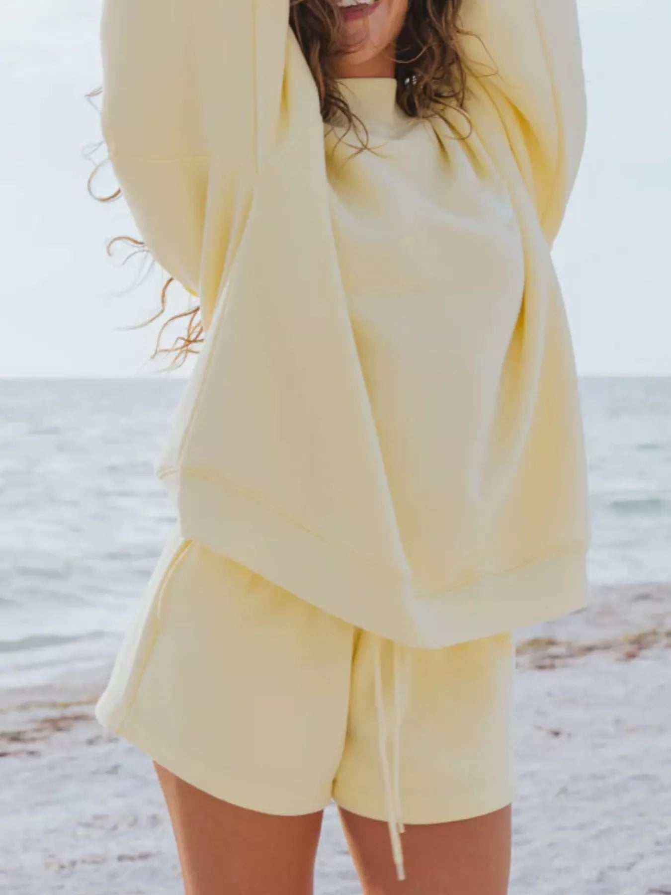Relaxed Fit Round Neck Sweatshirt and Shorts Set Trendsi