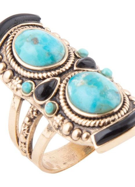 Double Up Blue Turquoise and Black Onyx Golden Ring