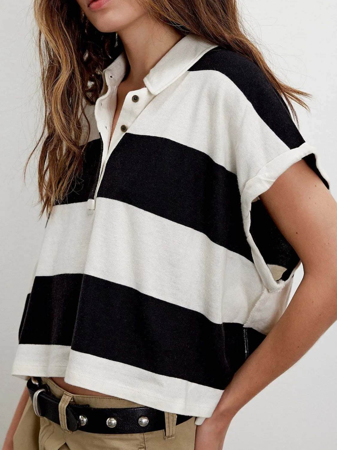 Striped Collared Neck Short Sleeve Top Trendsi