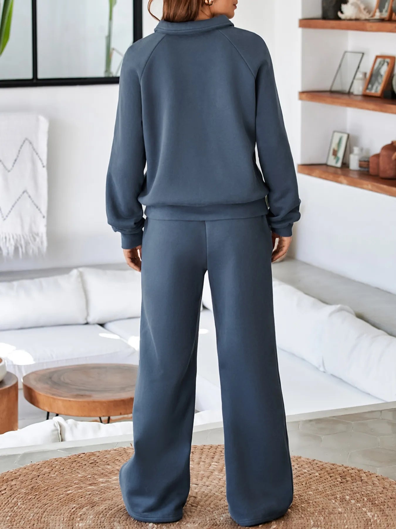 Cotton Blend Collared Sweatshirt Wide Leg Sweatpants Set Trendsi