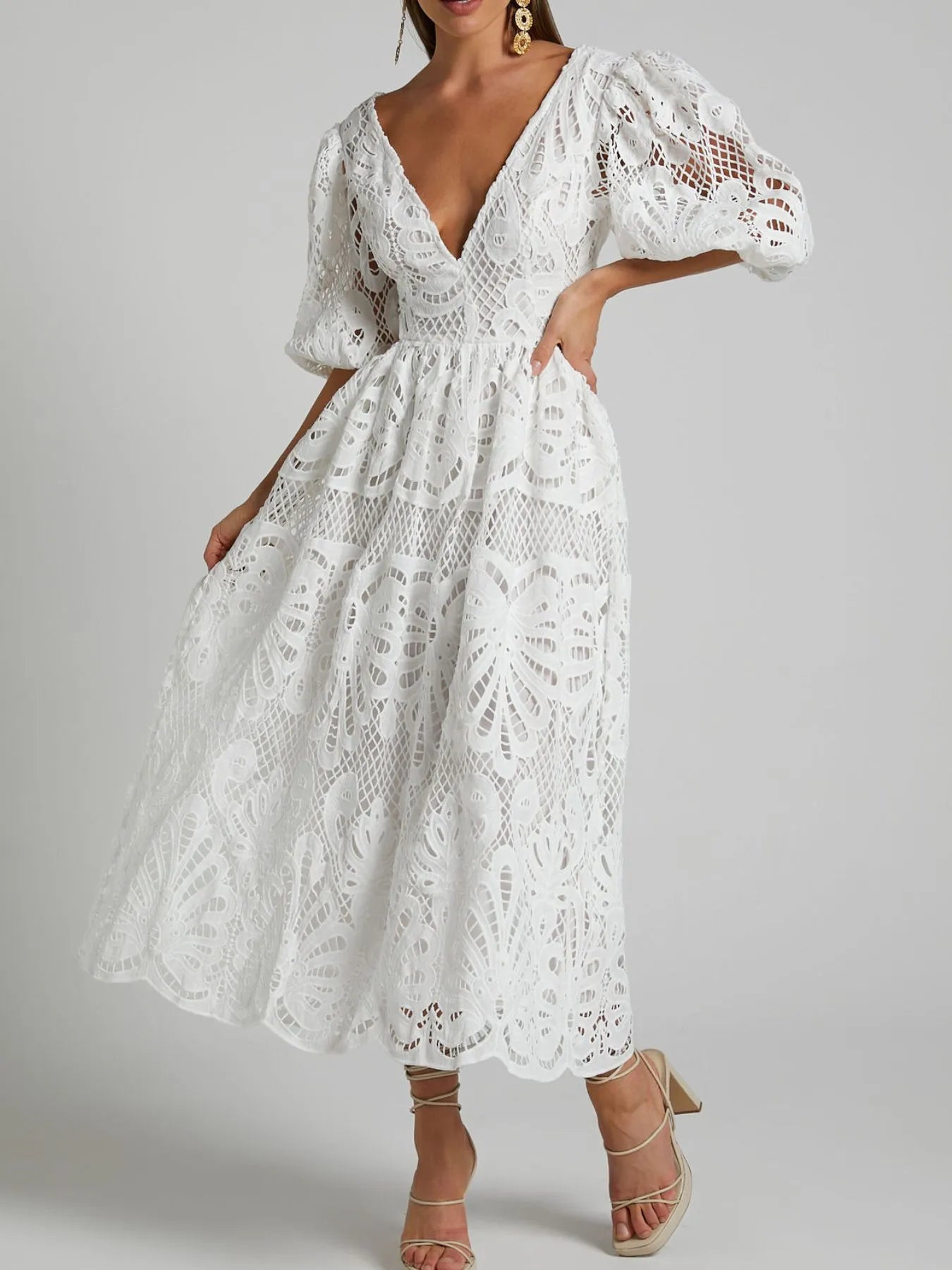 Cutout Back Lace Crochet V-Neck Dress White Dresses Trendsi