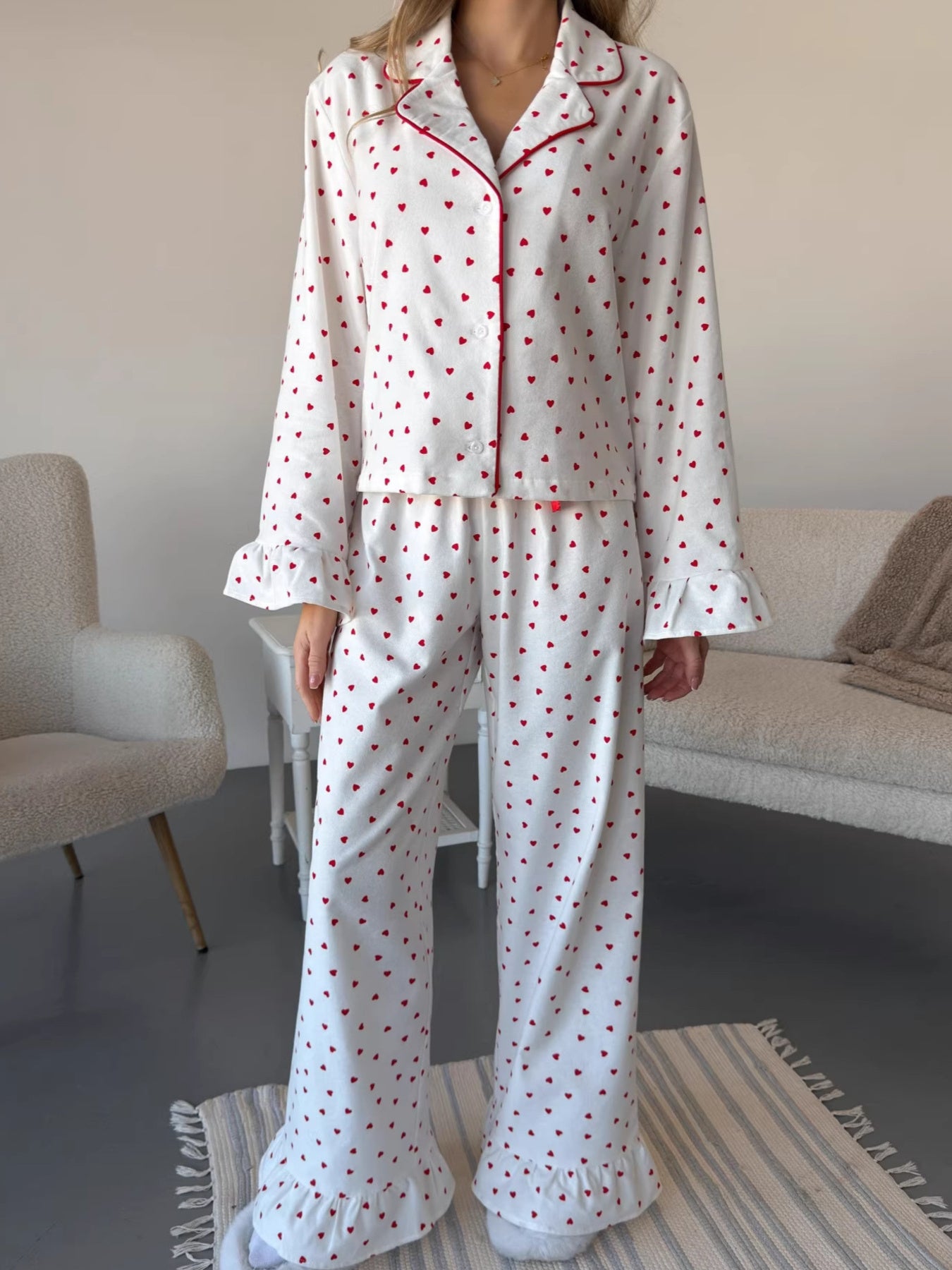 Heart Print Long Sleeve Top and Pants PJ Loungewear Set White Trendsi