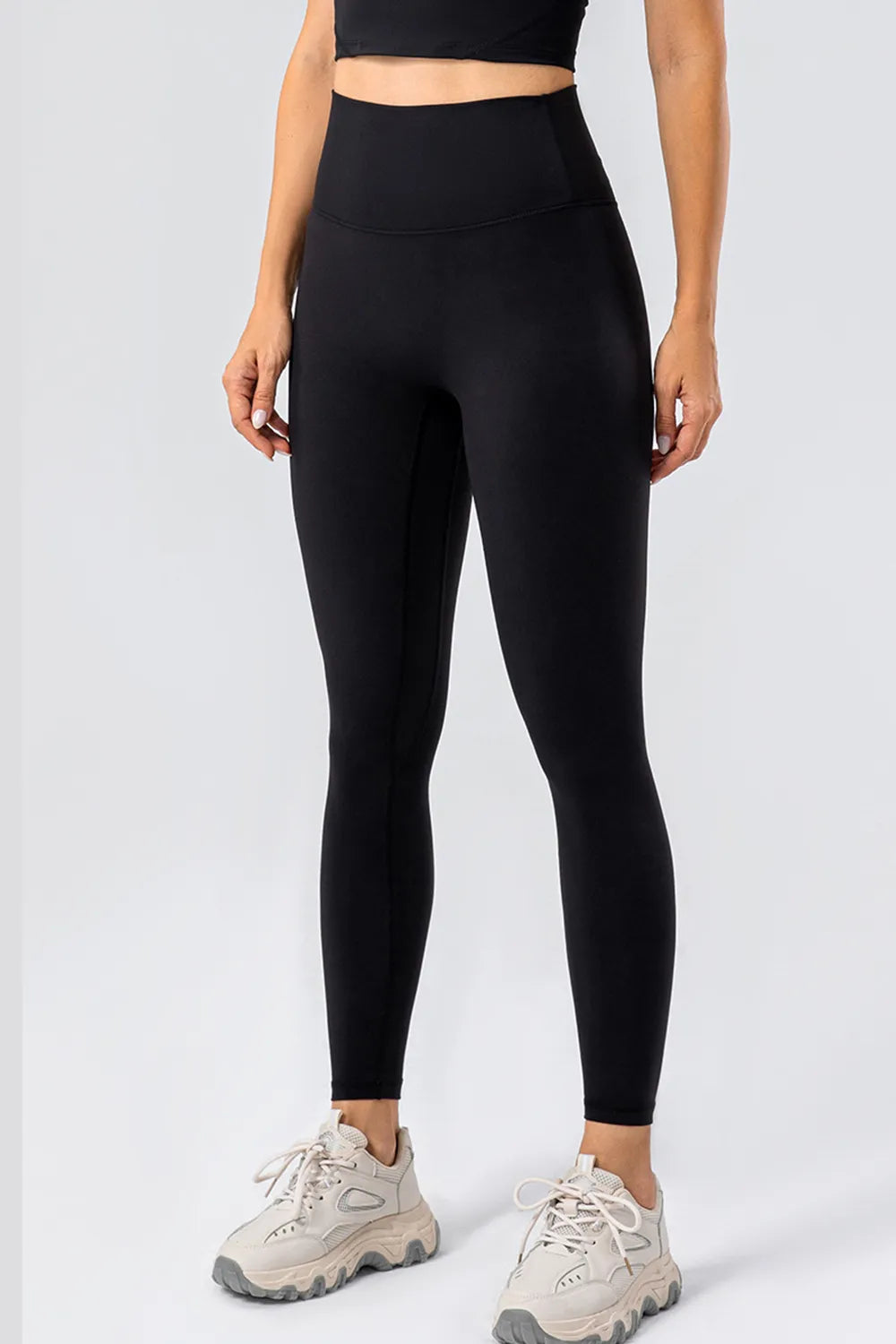 Lulu Dupe High Waist Wide Waistband Leggings (Nylon & Spandex) no front seam Black Trendsi