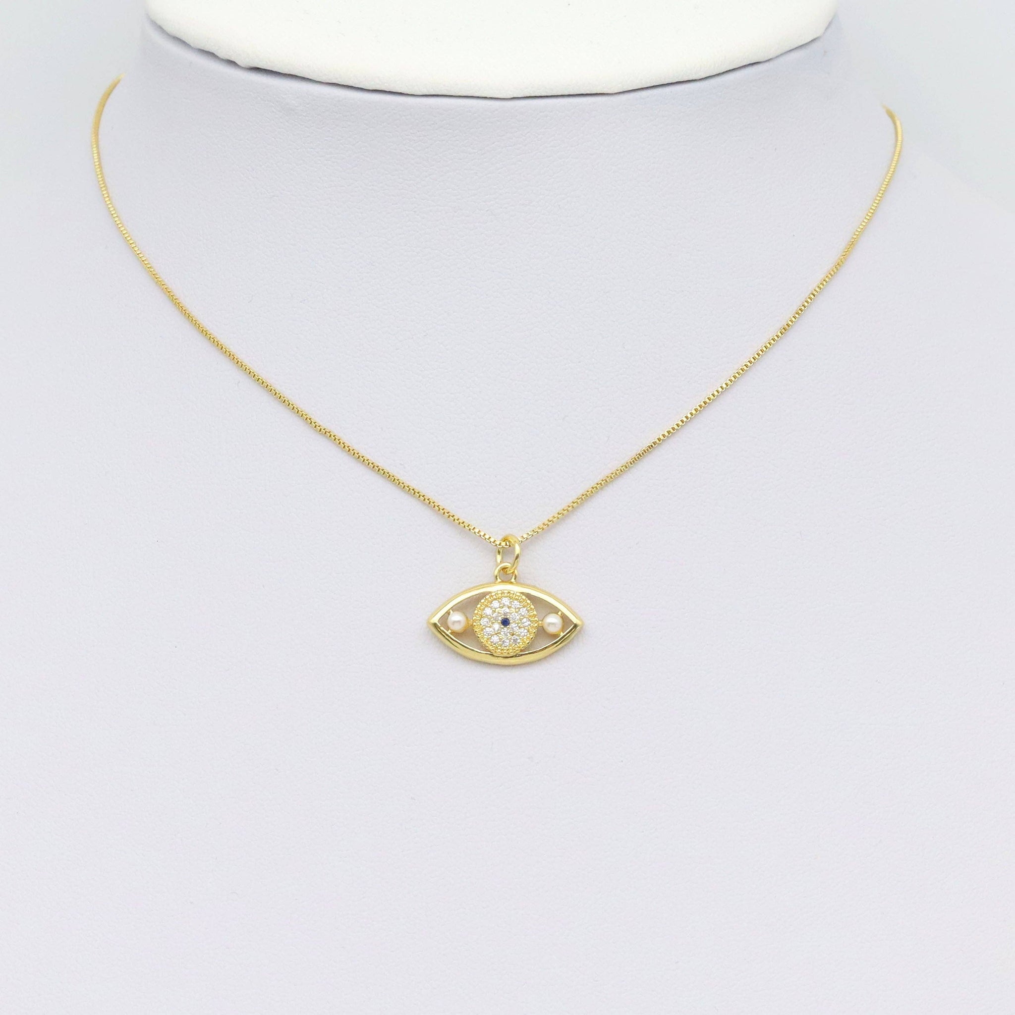 CZ White Pearl Gold Evil Eye Charm, Sku#Y935