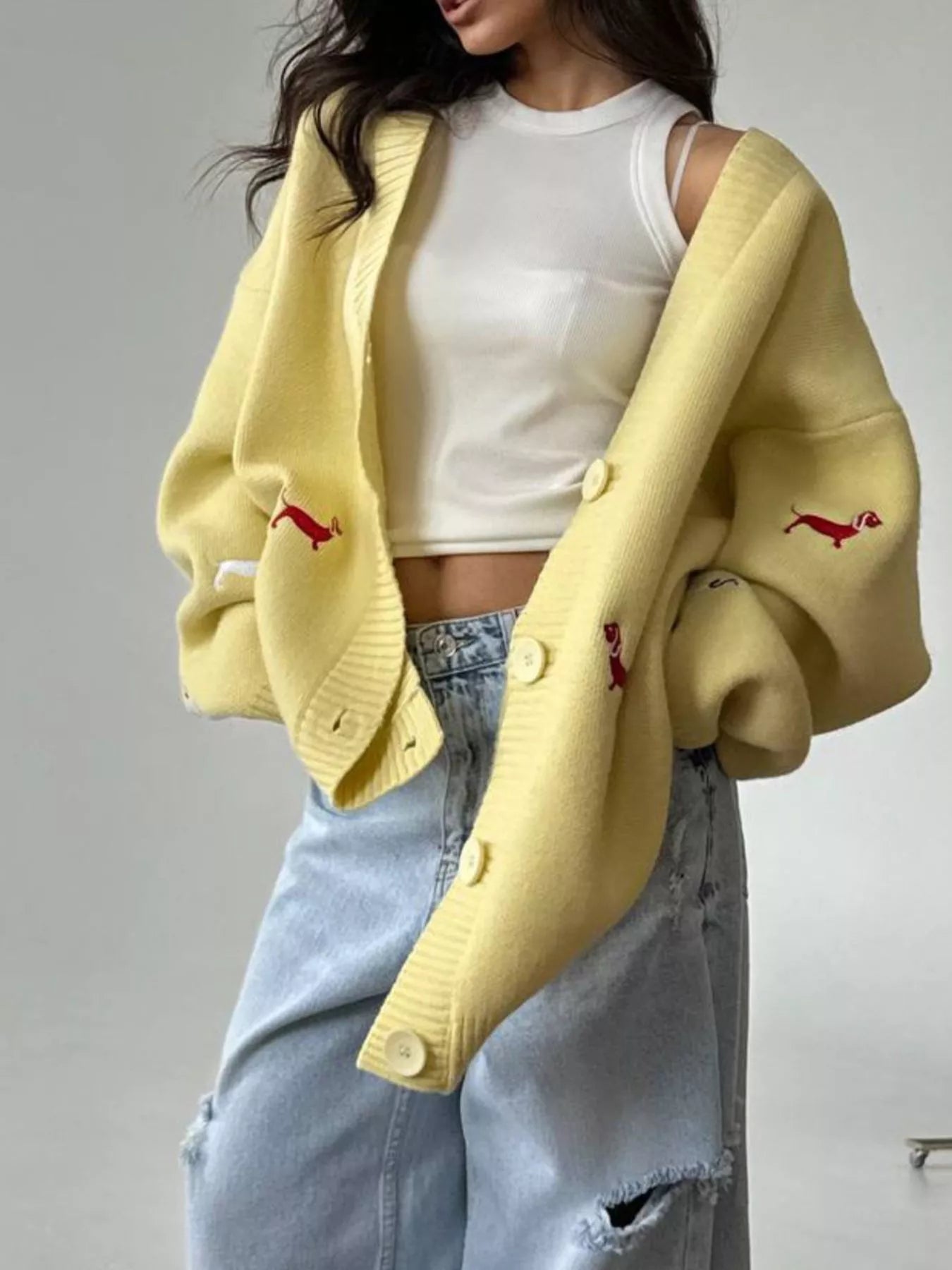 Embroidered Dachshund Button Up Cardigan Yellow Knitwear Trendsi
