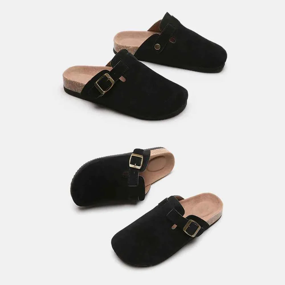 Flat Comfy Suede Buckle Clogs