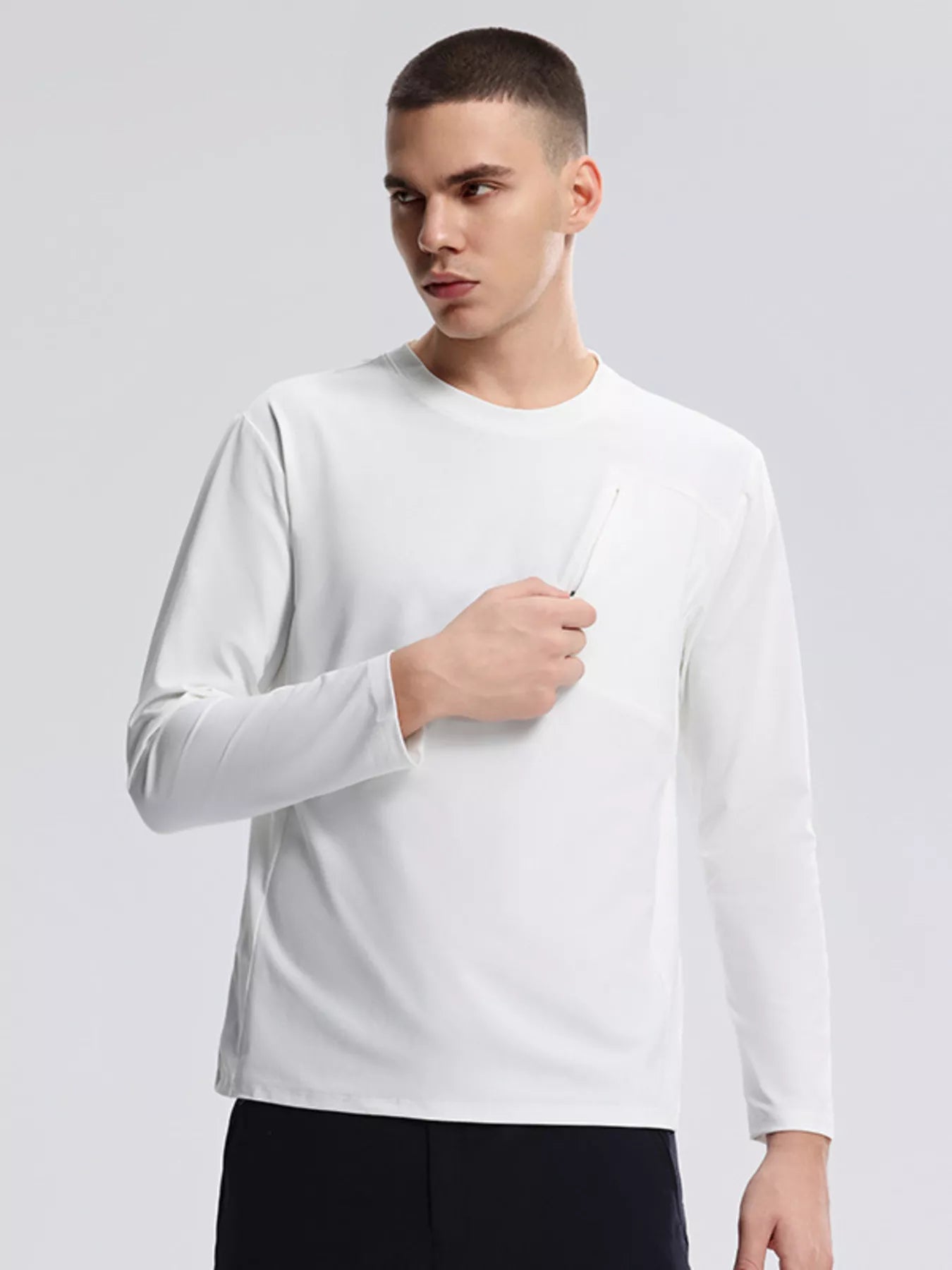 Men's Active Long Sleeve with Front Zipper Pocket Cotton& Spandex White Trendsi