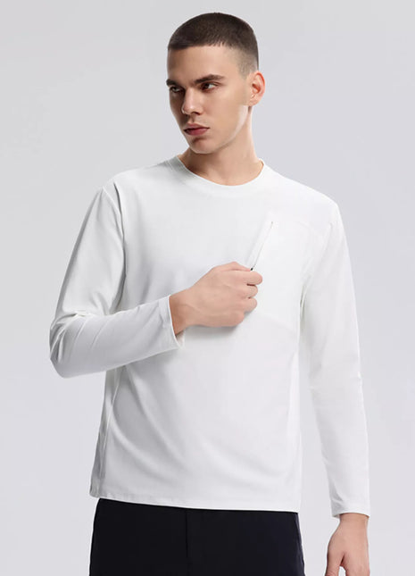 Men's Active Long Sleeve with Front Zipper Pocket Cotton& Spandex White Trendsi