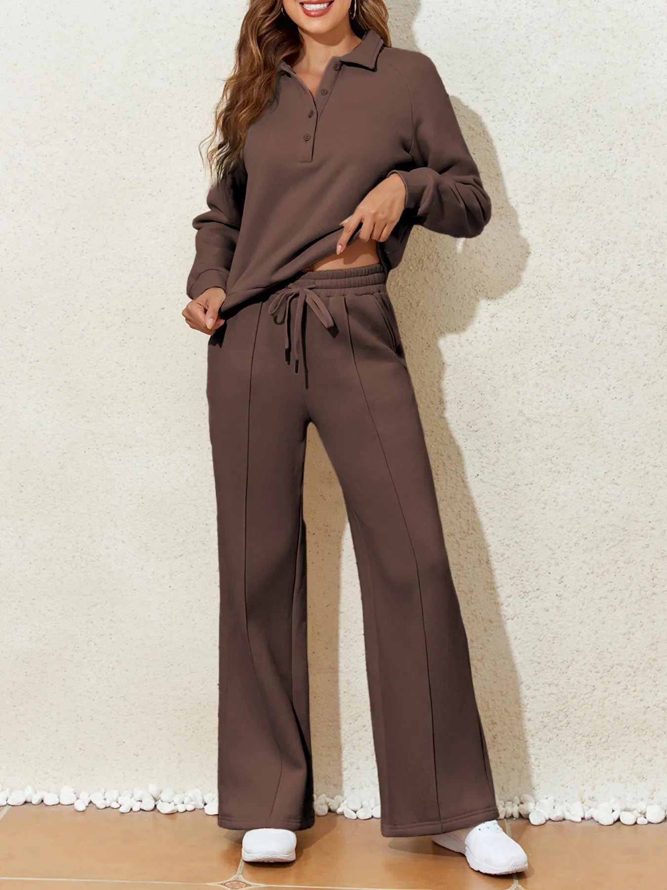 Cotton Blend Collared Sweatshirt Wide Leg Sweatpants Set Brown Trendsi