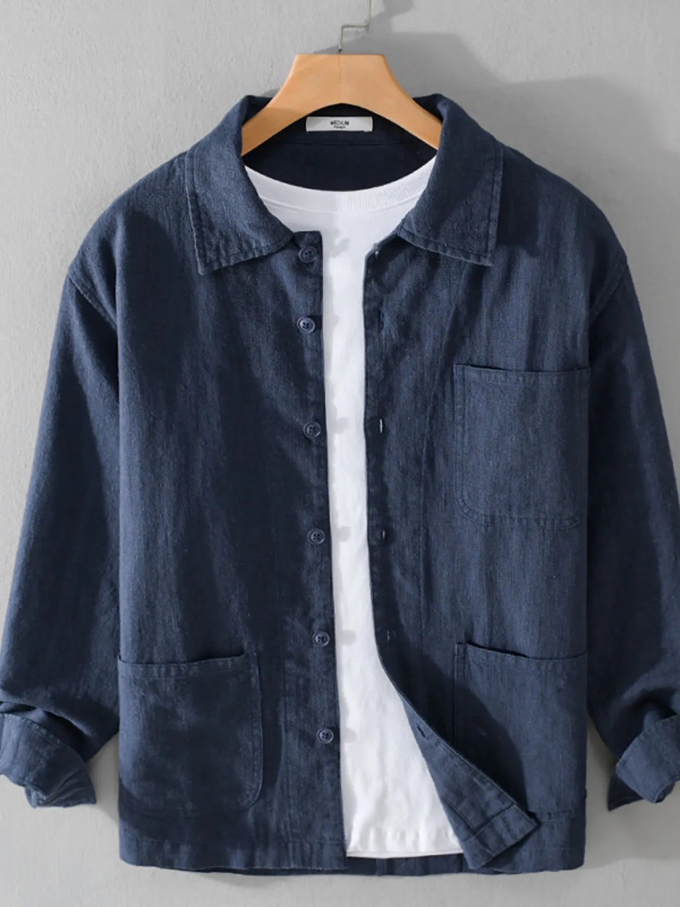 Mens Flax Blend Chest Pocket Button Up Dark Blue Shirts Trendsi
