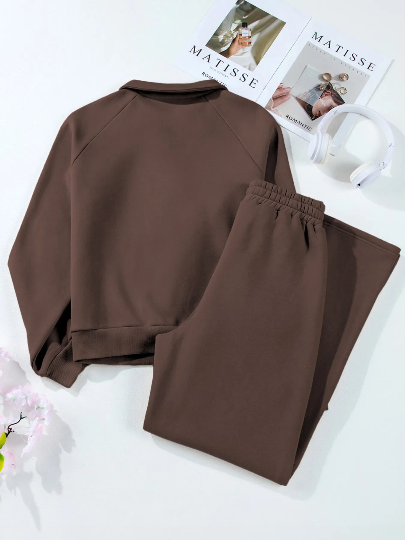 Cotton Blend Collared Sweatshirt Wide Leg Sweatpants Set Trendsi
