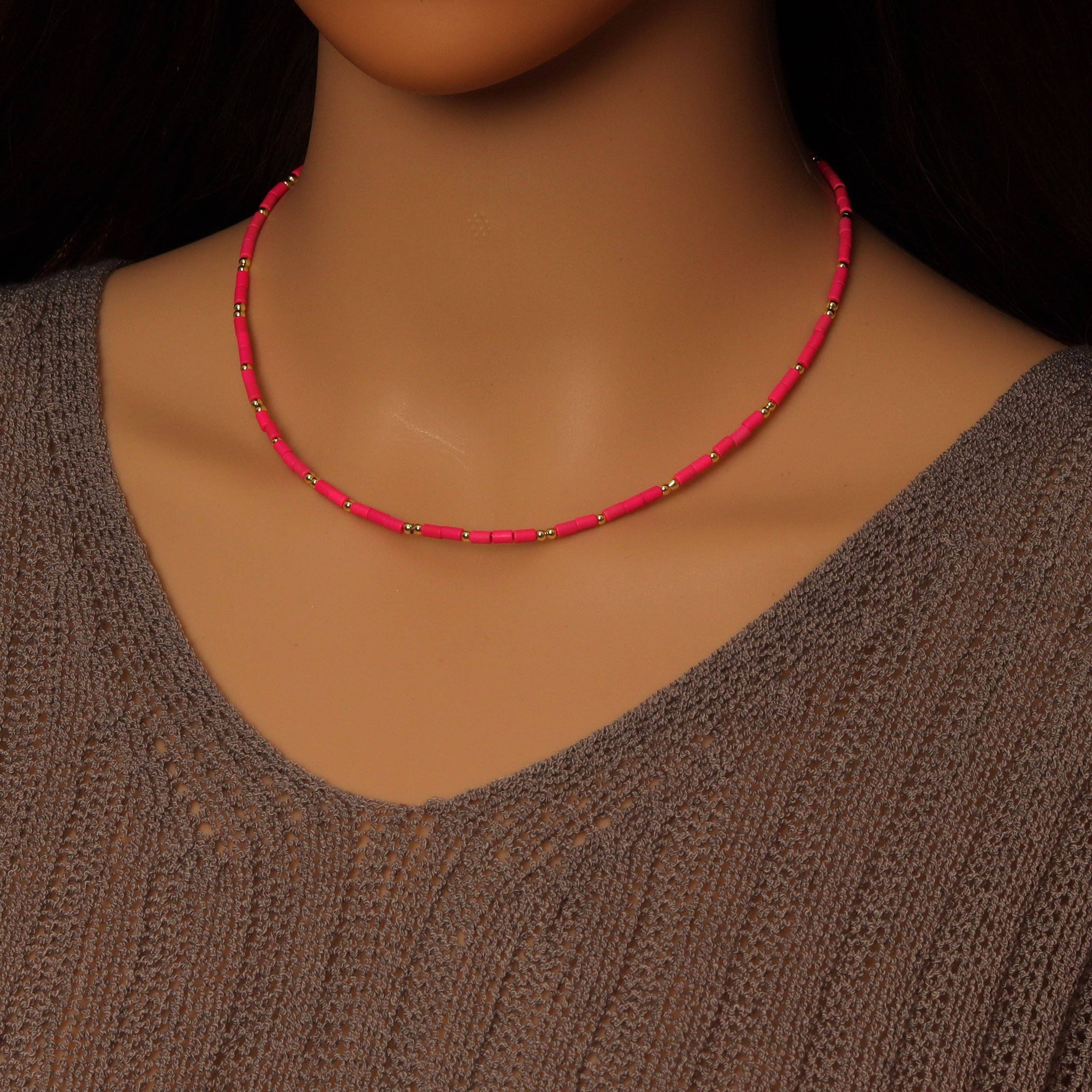 Hot pink Gemstone Tube necklace, sku#EF567