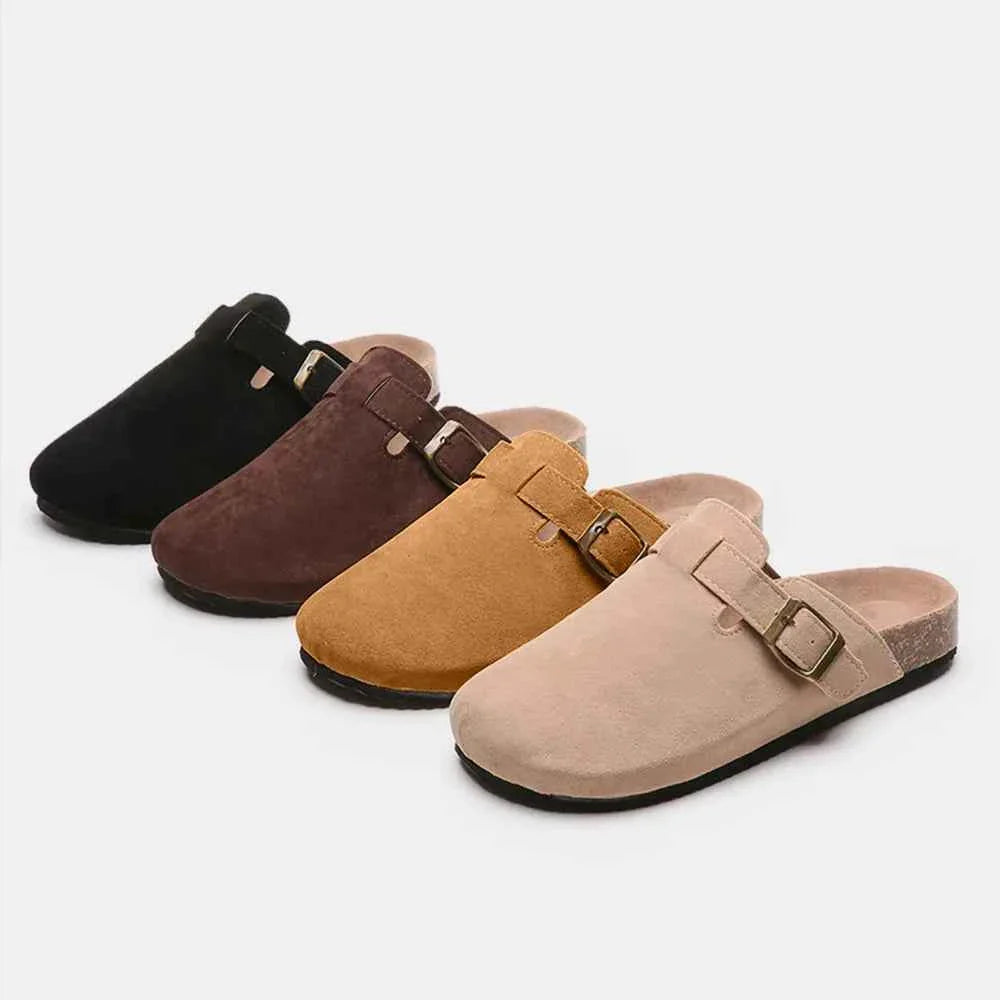 Flat Comfy Suede Buckle Clogs