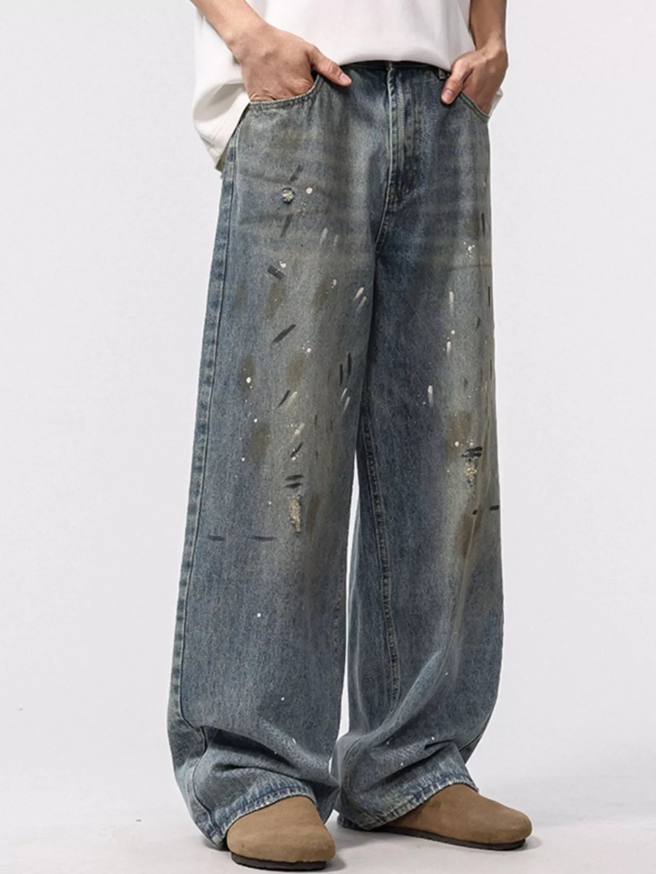 Men's Paint Splattered Washed Wide-Leg Jeans Jeans Trendsi