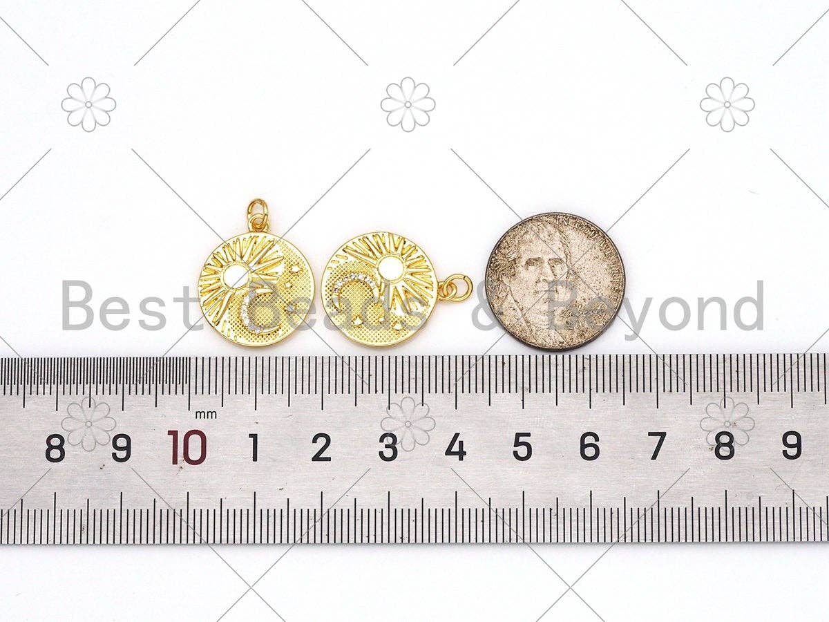 CZ Micro Pave Sun Cresent Moon Star On Round Coin Shape Pendant,18k Gold Filled Medallion Charm, Necklace Bracelet Pendant,18x21mm,Sku#Z1404