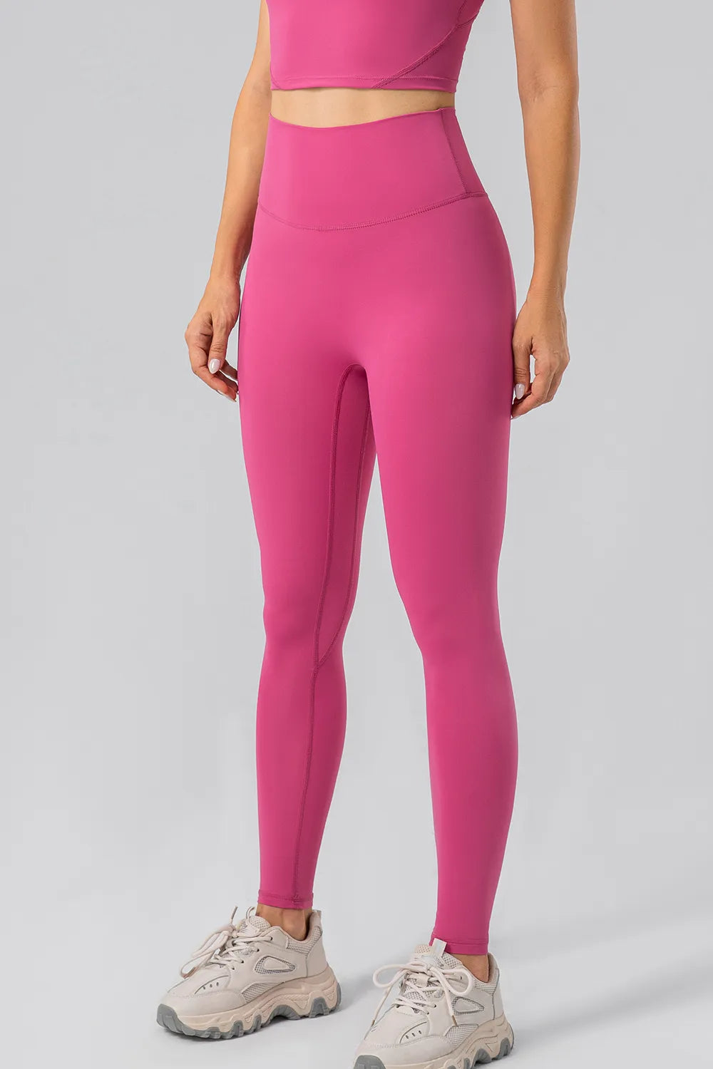 Lulu Dupe High Waist Wide Waistband Leggings (Nylon & Spandex) no front seam Hot Pink Trendsi
