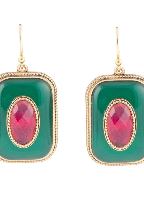 Green Onyx Stacked Red Stone Golden Drop Earrings