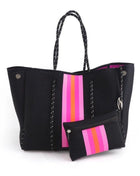 The Aniella Neoprene Tote - Black with Pink & Orange Stripe