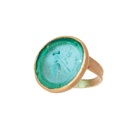Glass Coin of Ephesos Motif Ring (Teal Tone)