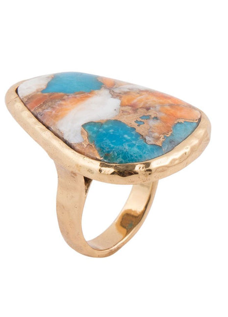 Orange Spiny Oyster and Blue Turquoise Matrix Abstract Golden Ring