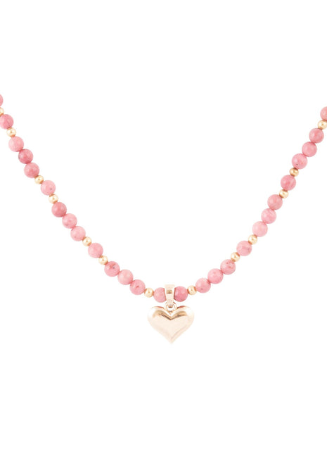 Pink Rhodonite and Golden Bronze Heart Pendant Necklace