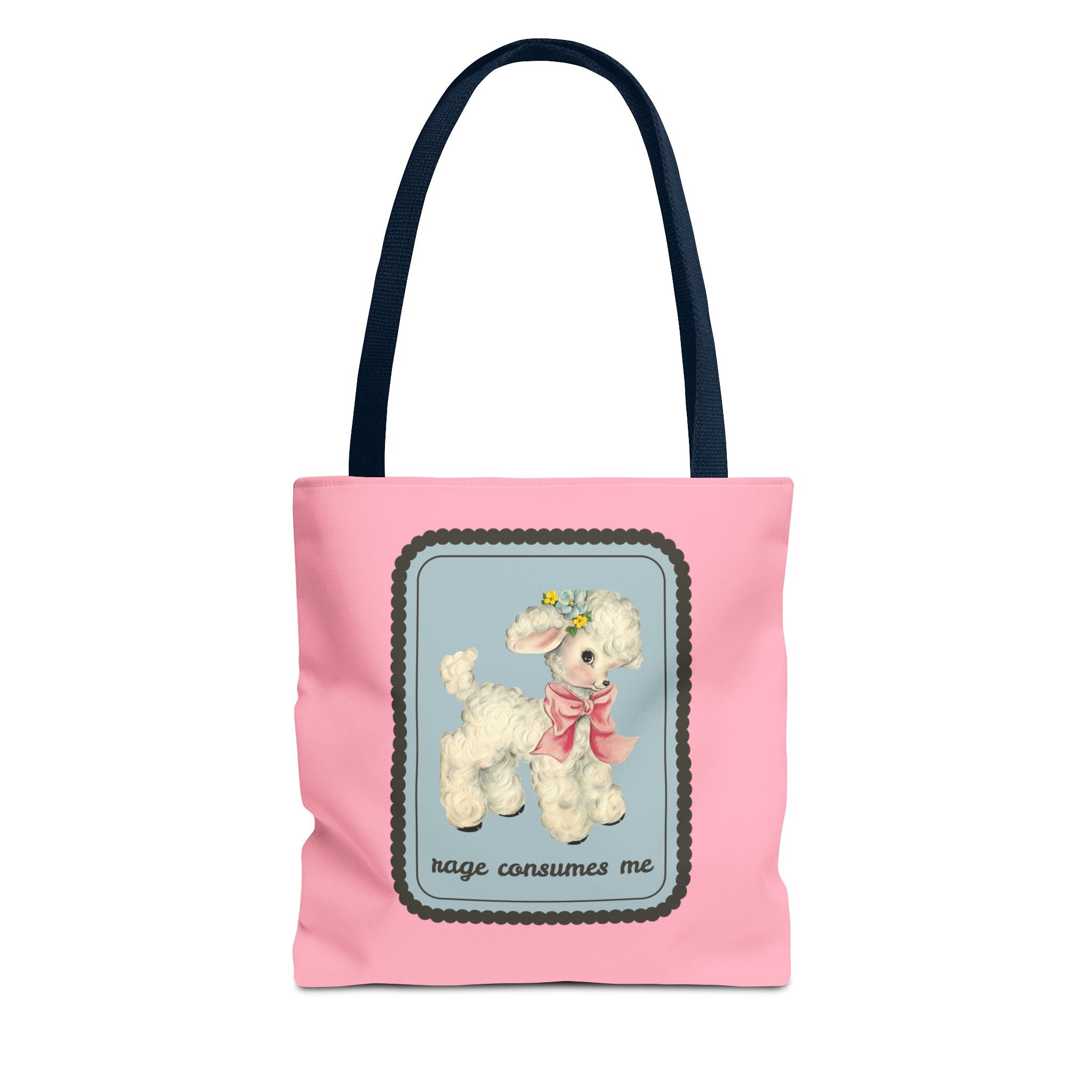 “Rage Consumes Me” Vintage Cute Sheep Tote Bag 13" × 13'' Navy Bags Opal and June