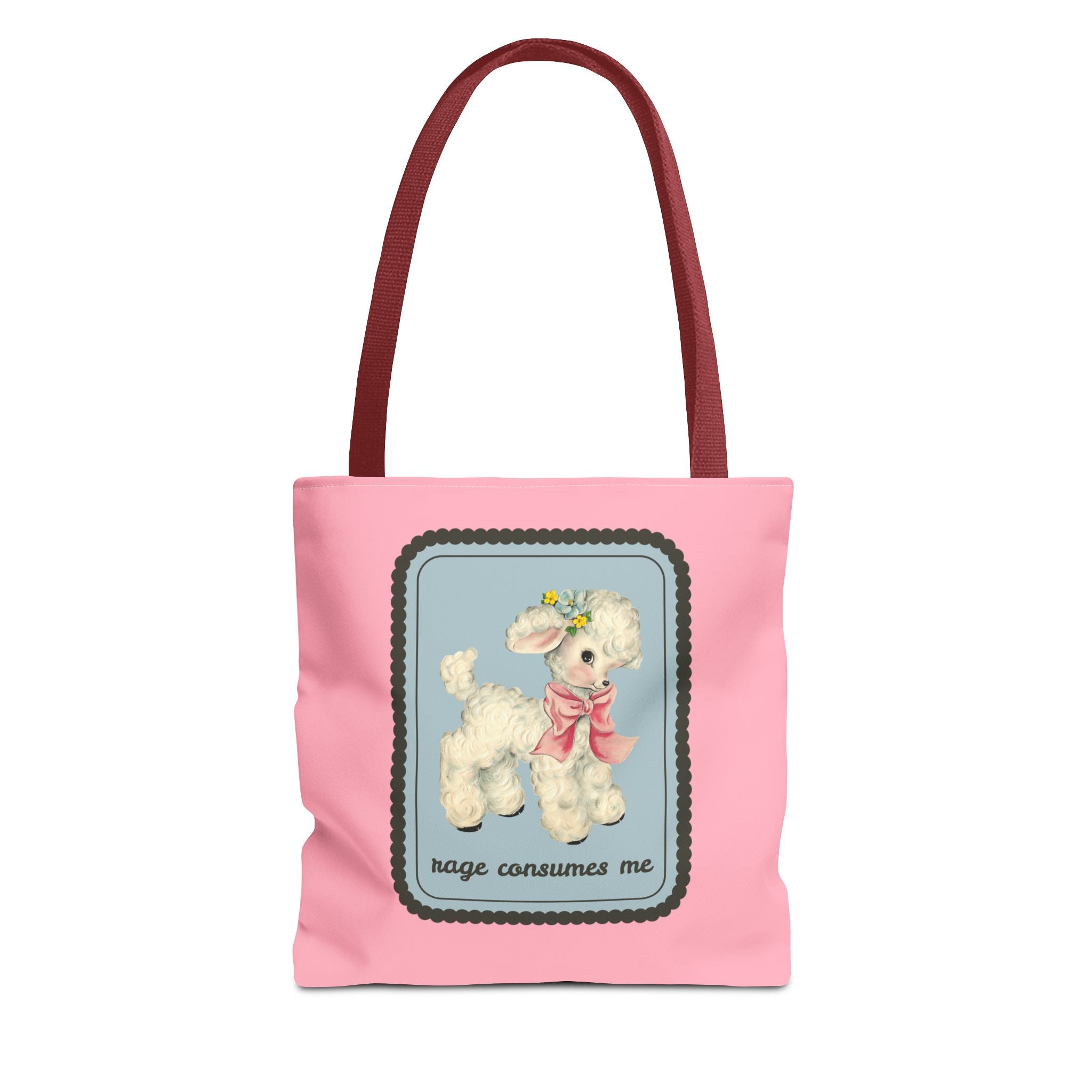 “Rage Consumes Me” Vintage Cute Sheep Tote Bag 13" × 13'' Red Bags Opal and June