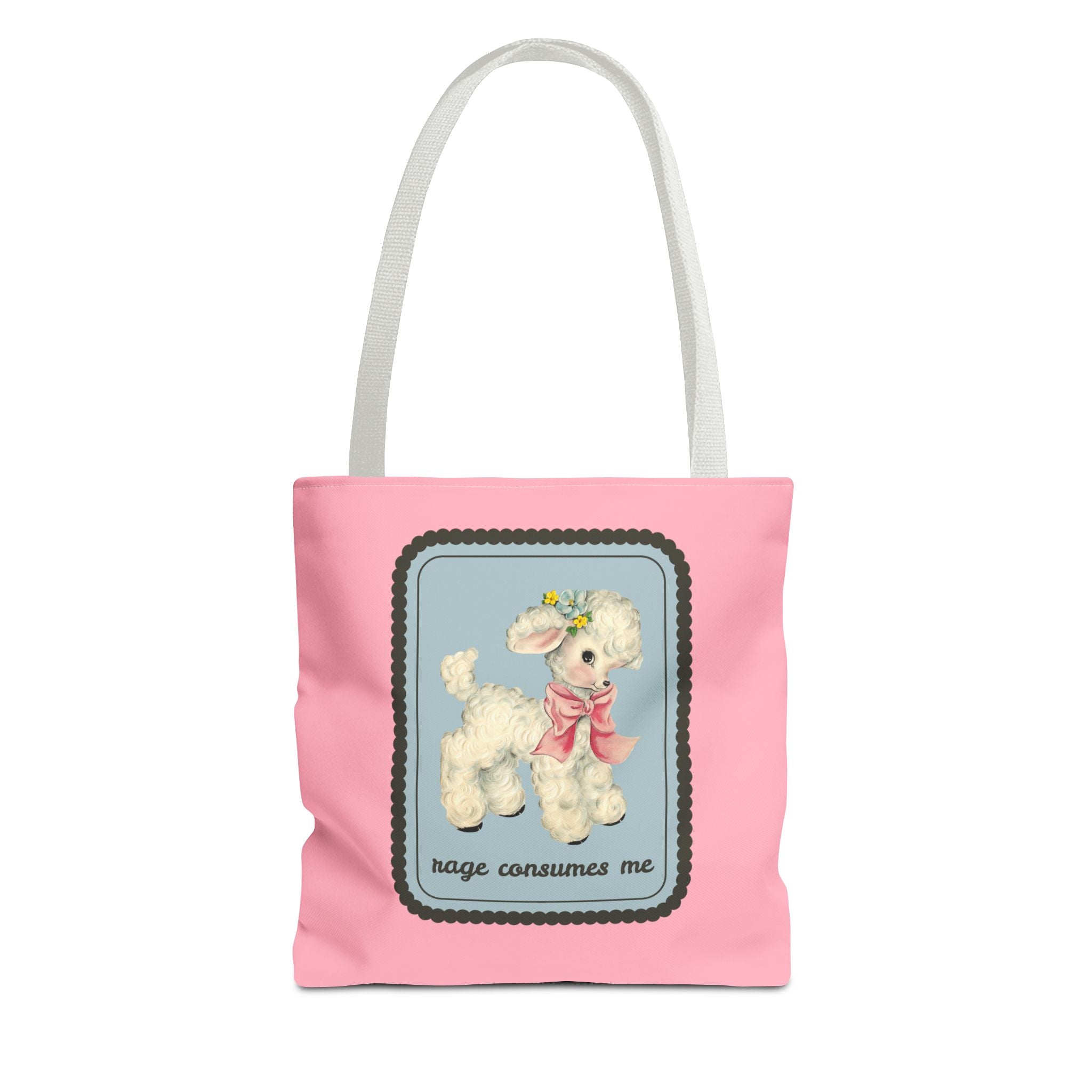 “Rage Consumes Me” Vintage Cute Sheep Tote Bag 13" × 13'' White Bags Opal and June