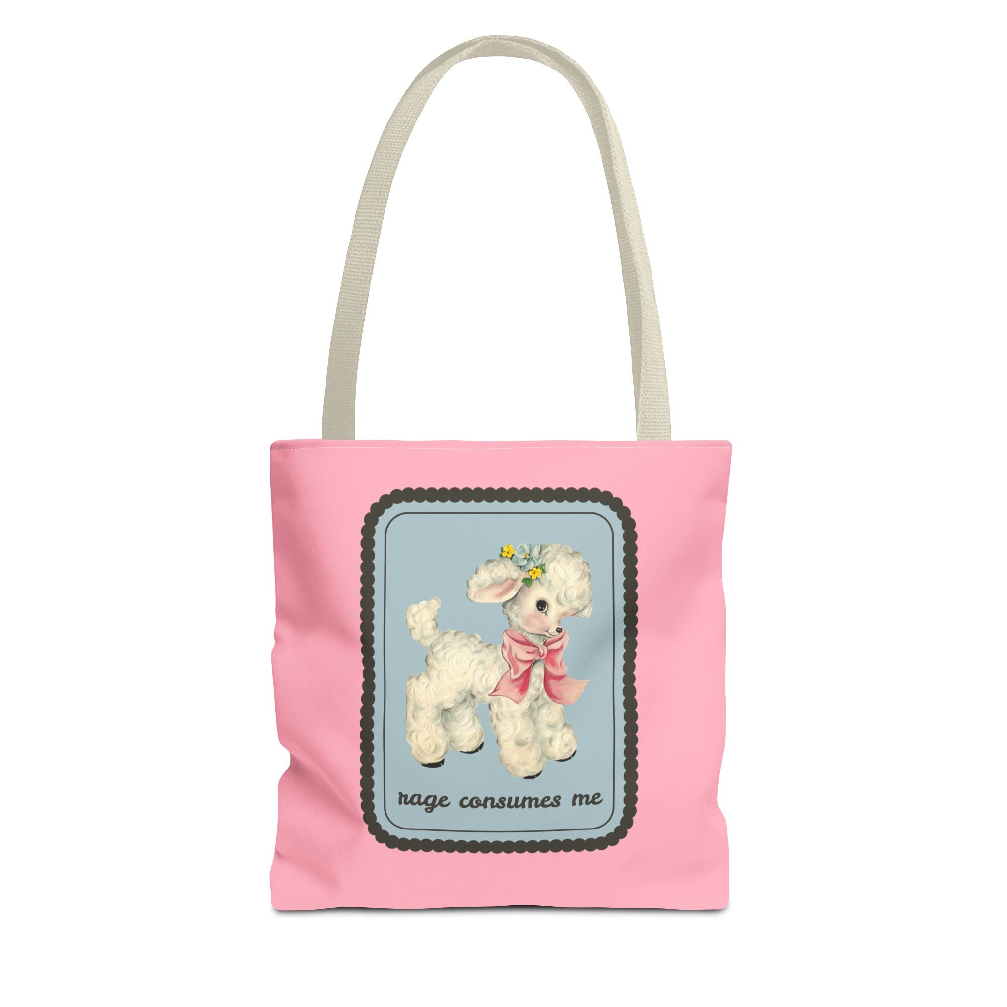 “Rage Consumes Me” Vintage Cute Sheep Tote Bag 13" × 13'' Beige Bags Opal and June