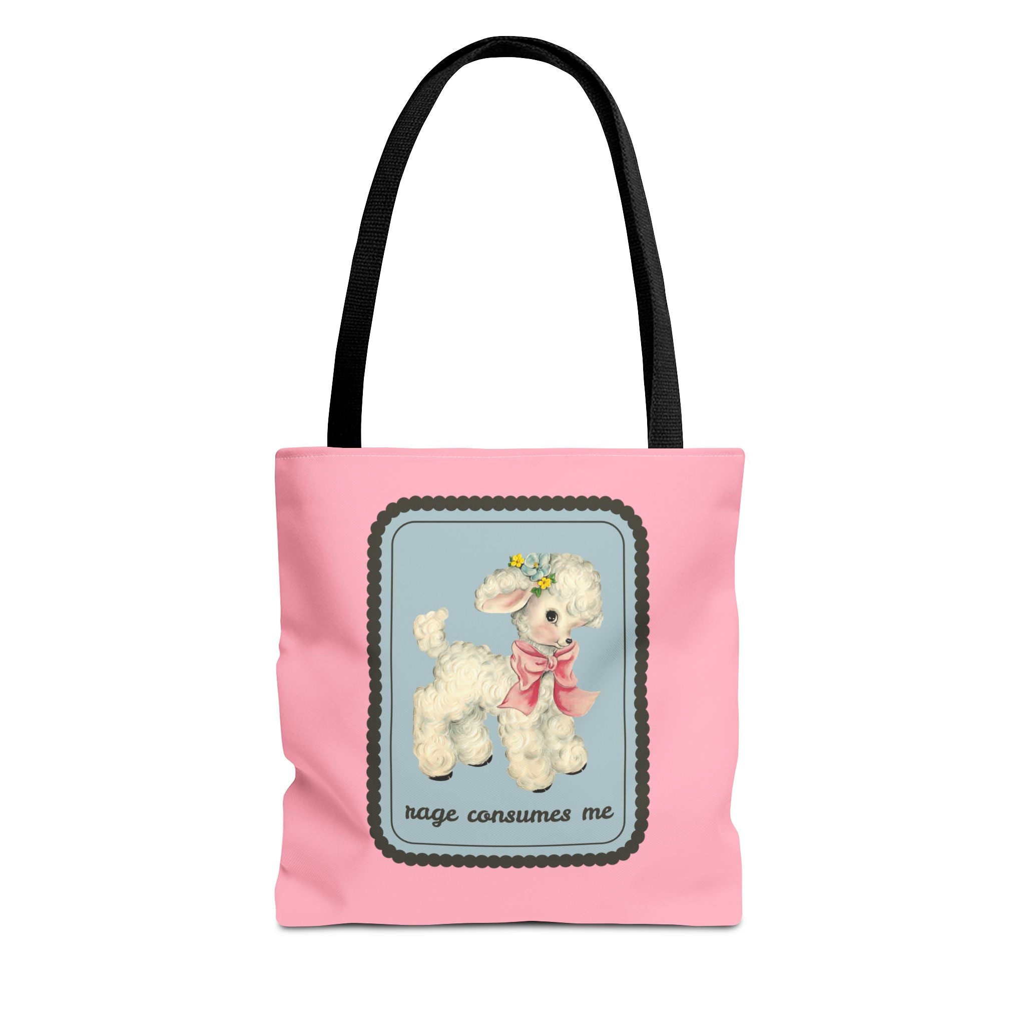 “Rage Consumes Me” Vintage Cute Sheep Tote Bag 13" × 13'' Black Bags Opal and June