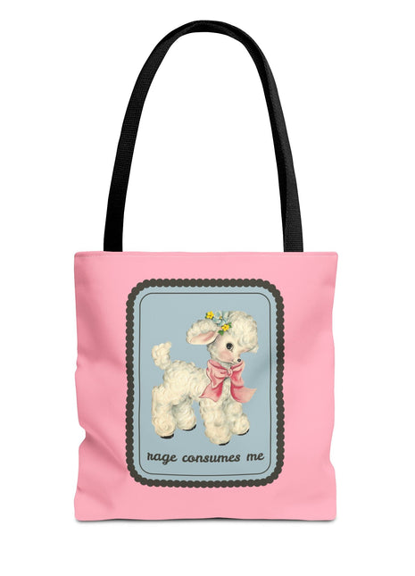“Rage Consumes Me” Vintage Cute Sheep Tote Bag 13" × 13'' Black Bags Opal and June
