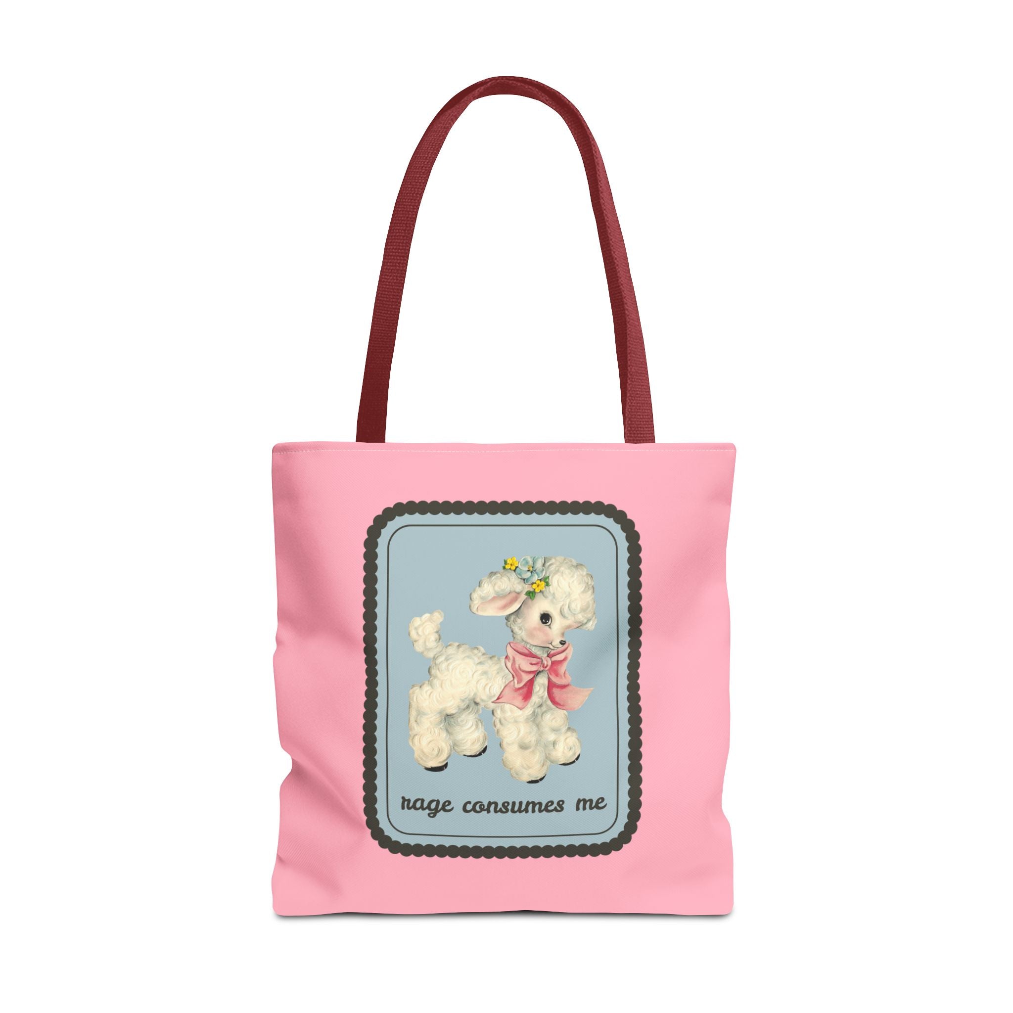 “Rage Consumes Me” Vintage Cute Sheep Tote Bag 18" × 18'' Red Bags Opal and June