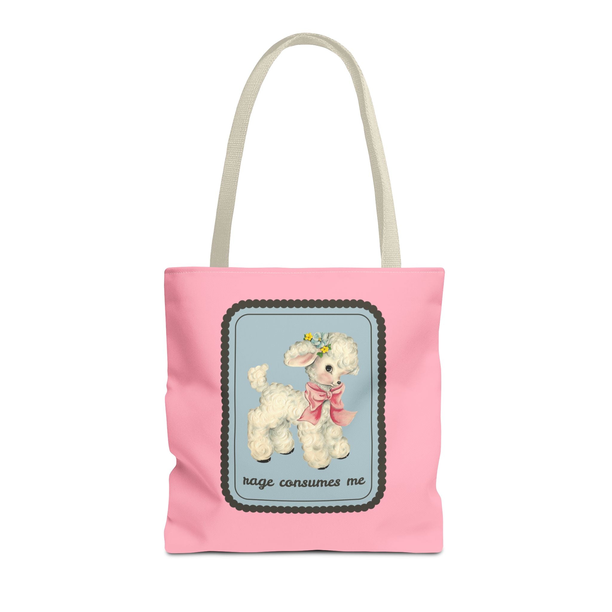 “Rage Consumes Me” Vintage Cute Sheep Tote Bag 16" × 16'' Beige Bags Opal and June