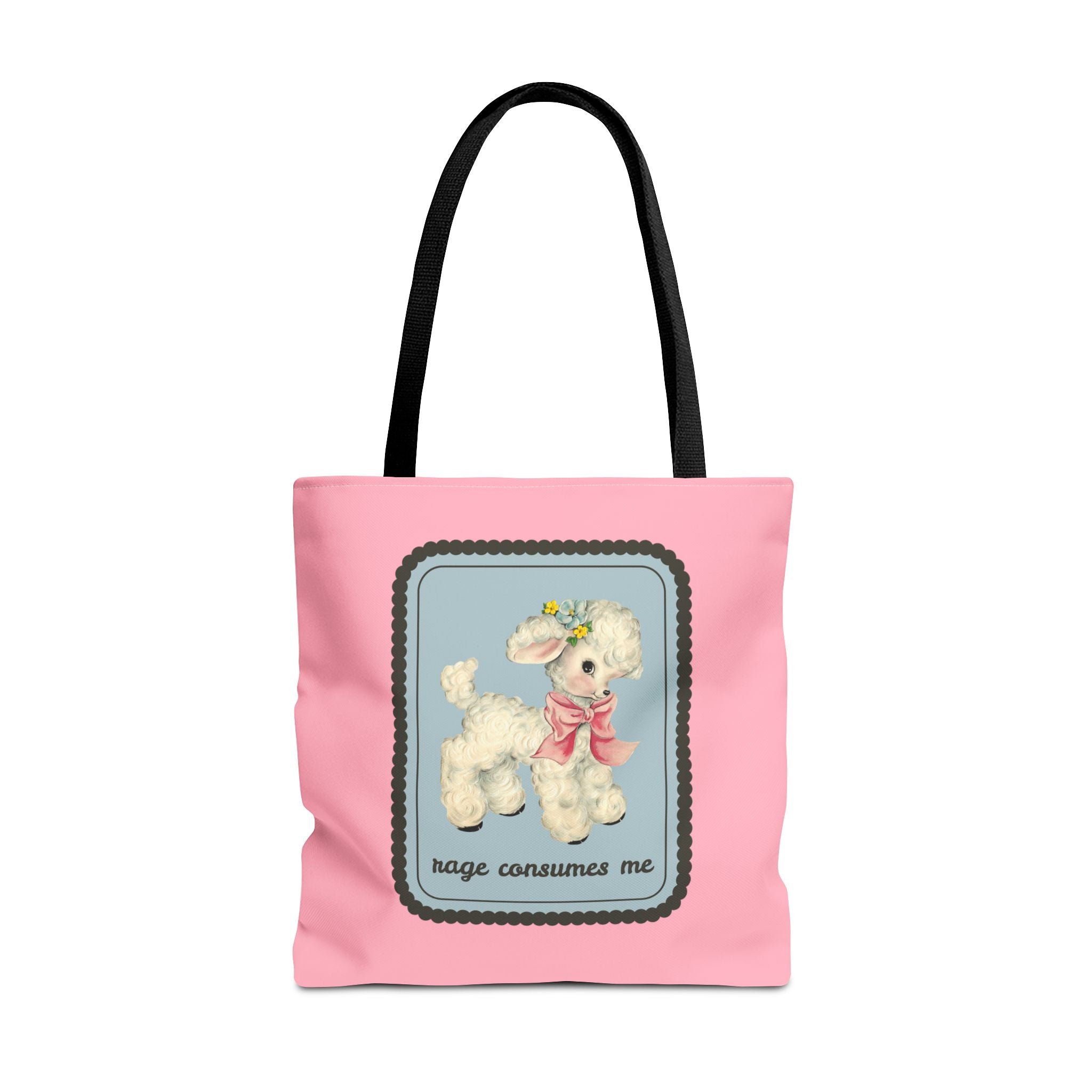 “Rage Consumes Me” Vintage Cute Sheep Tote Bag 18" × 18'' Black Bags Opal and June