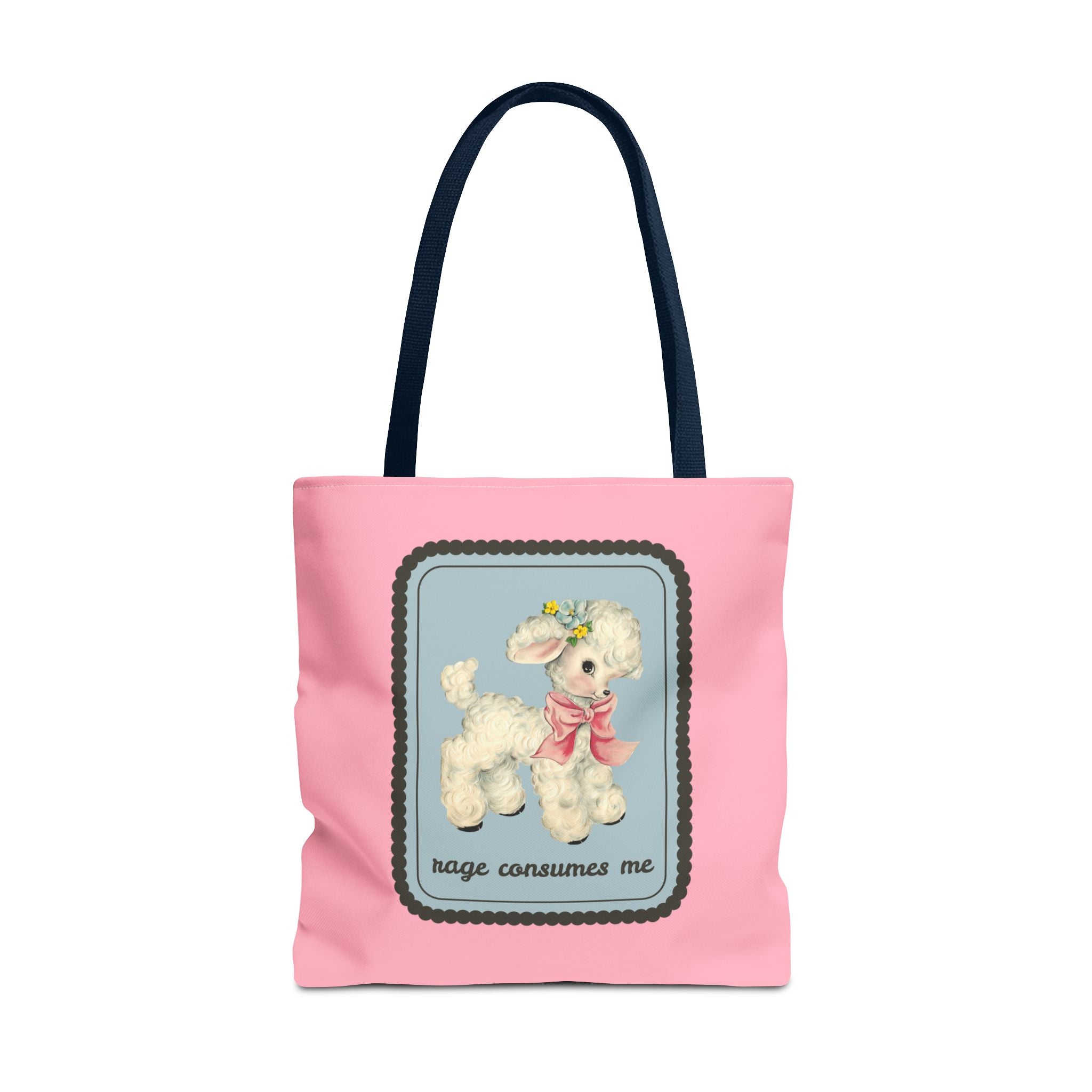 “Rage Consumes Me” Vintage Cute Sheep Tote Bag 18" × 18'' Navy Bags Opal and June