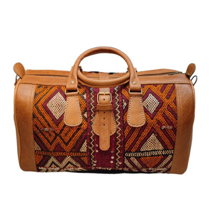 The Kilim Voyager Tote - Tan Leather Fabric Duffle Bag Womens Mens
