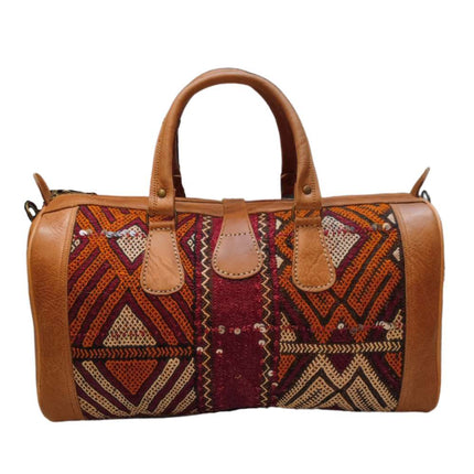 The Kilim Voyager Tote - Tan Leather Fabric Duffle Bag Womens Mens