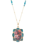 Scenic Red Florals Blue Apatite Golden Pendant Necklace