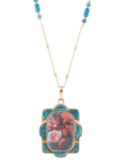 Scenic Red Florals Blue Apatite Golden Pendant Necklace