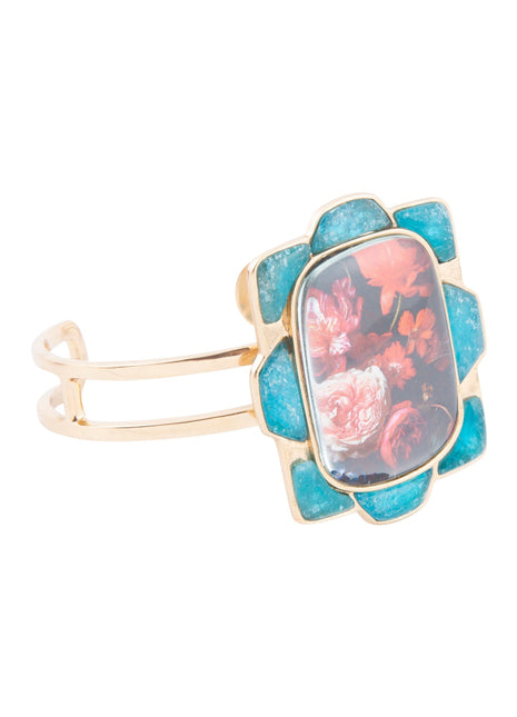 Scenic Red Floral Blue Apatite Golden Cuff Bracelet