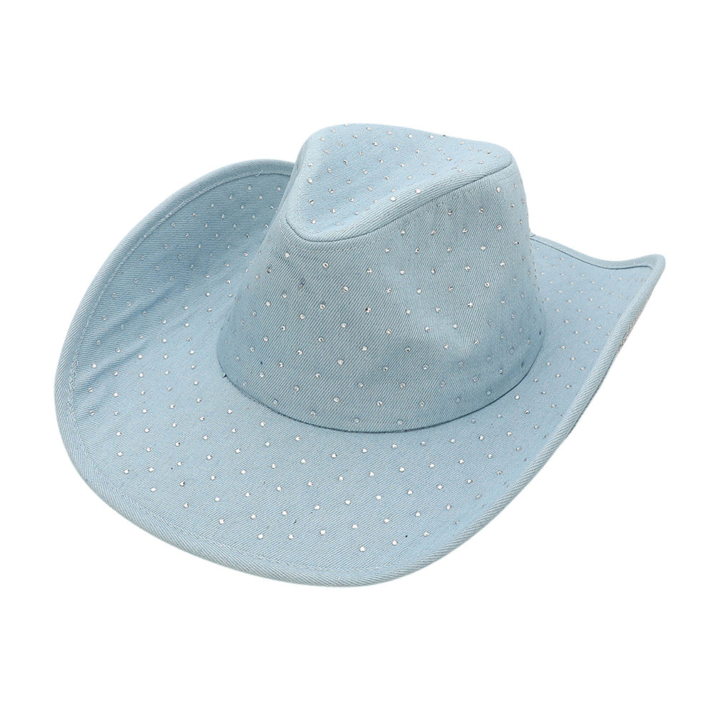 Sparkling Rhinestone Embellished Denim Cowboy Fedora Hat
