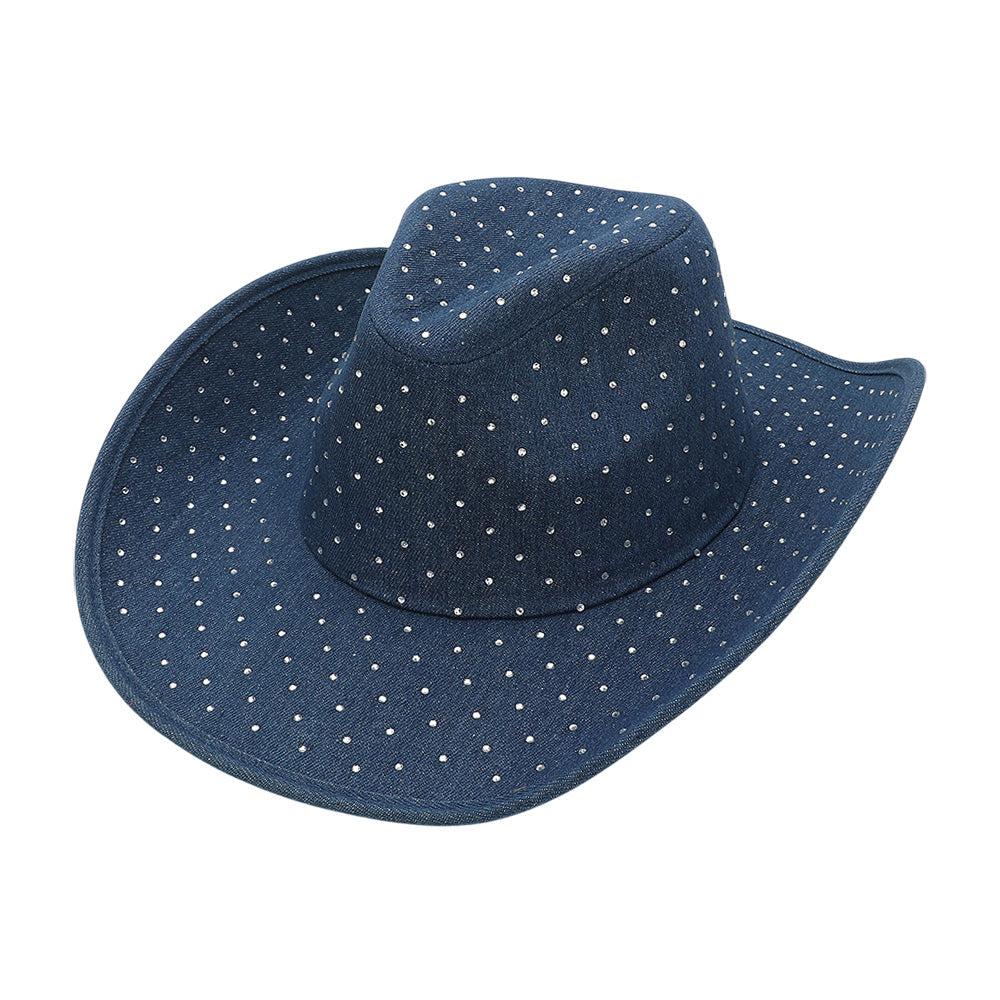 Sparkling Rhinestone Embellished Denim Cowboy Fedora Hat