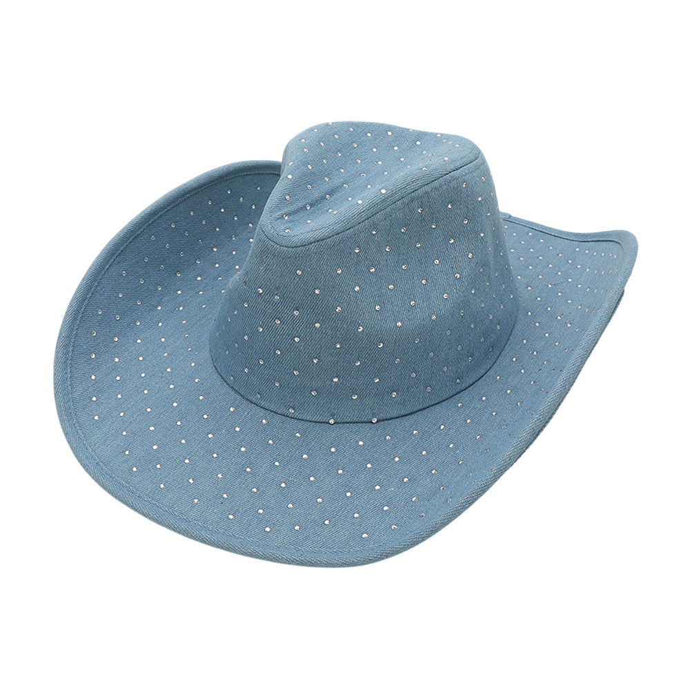Sparkling Rhinestone Embellished Denim Cowboy Fedora Hat