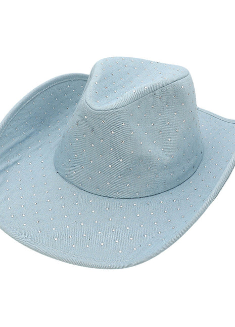 Sparkling Rhinestone Embellished Denim Cowboy Fedora Hat